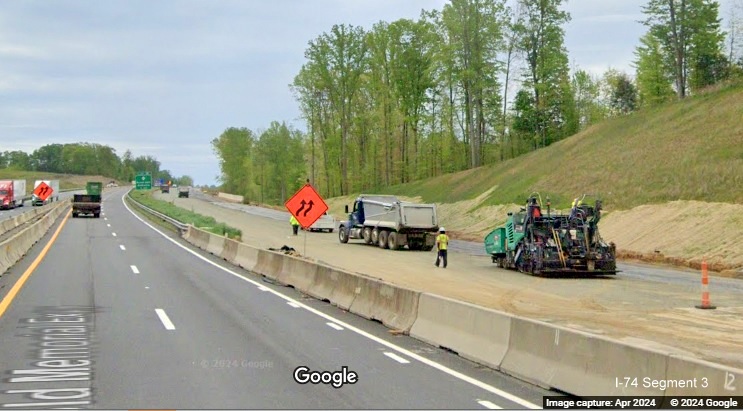 Image of start of paving on future US 52 South (I-74 East) lanes after the Westinghouse Road 
        exit in the Beltway interchange construction zone, Google Maps Street View, April 2024