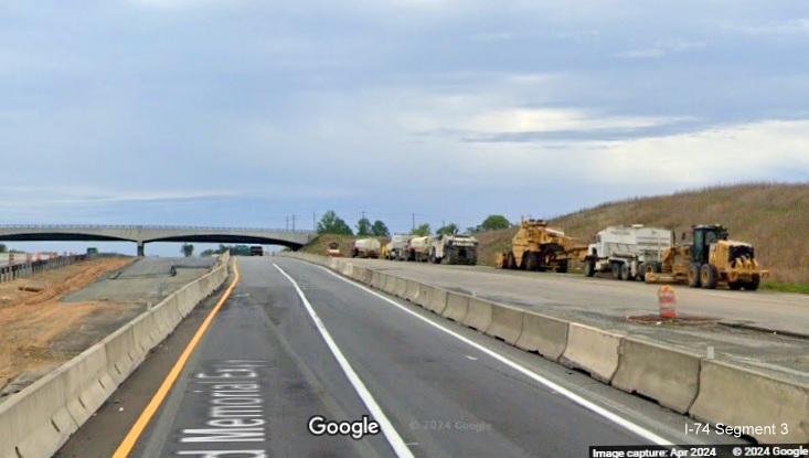 Image of US 52 South (Future I-74 East) lanes merging back to permanent lanes prior to the NC 65 bridge
        in the Beltway interchange construction zone, Google Maps Street View, April 2024