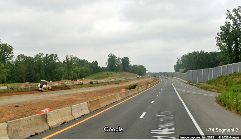 Image of US 52 North lanes under construction approaching on-ramp from NC 65 as part of 
       Winston-Salem Northern Beltway interchange project, Google Maps Street View, June 2023