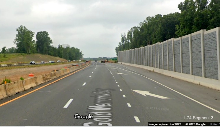 Image of US 52 North lanes under construction after NC 65 exit as part of 
       Winston-Salem Northern Beltway interchange project, Google Maps Street View, June 2023
