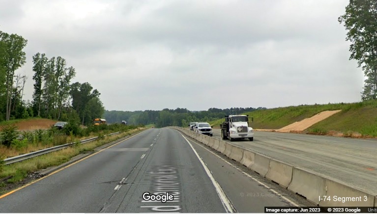 Image of US 52 North lanes under construction between NC 65 and Westinghouse Road as part of 
       Winston-Salem Northern Beltway interchange project, Google Maps Street View, June 2023