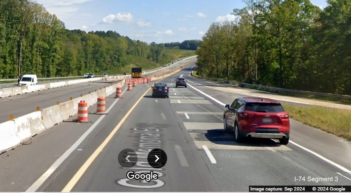 Image of traffic using the new US 52 South (Future I-74 East) lanes after the Westinghouse 
        Road exit in Rural Hall, Google Maps Street View, September 2024