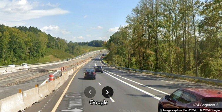 Image of median construction along US 52 South (Future I-74 East) after the Westinghouse 
        Road exit in Rural Hall, Google Maps Street View, September 2024