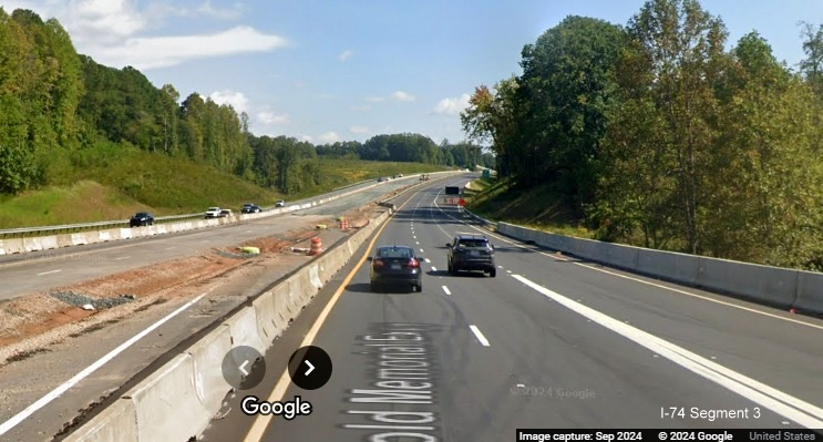 Image of end of median construction from the new US 52 South (Future I-74 East) lanes after 
        the Westinghouse Road exit in Rural Hall, Google Maps Street View, September 2024