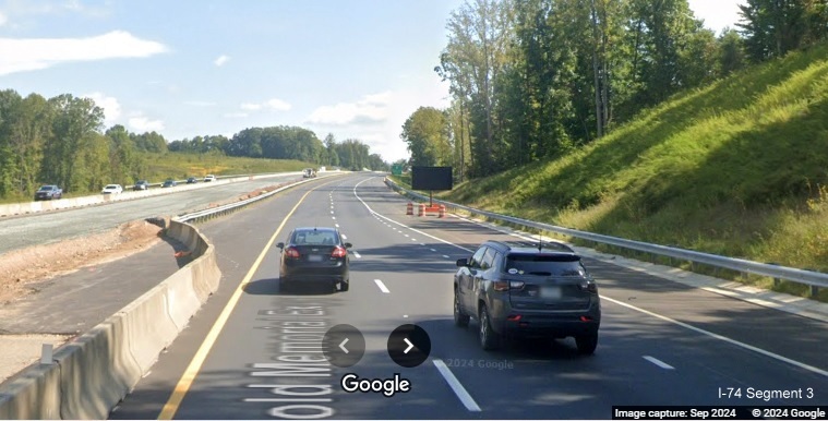 Image of start of completed section of the new US 52 South (Future I-74 East) lanes
        in Rural Hall, Google Maps Street View, September 2024