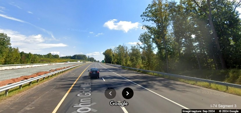 Image of temporary lane striping along the new US 52 South (Future I-74 East) lanes
        in Rural Hall, Google Maps Street View, September 2024