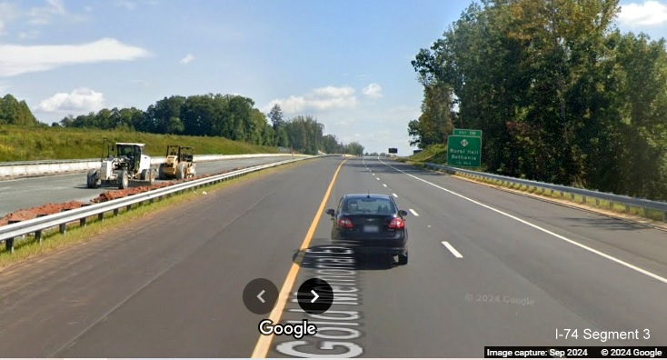 Image of unopened left lane along the new US 52 South (Future I-74 East) lanes
        in Rural Hall heading towards the NC 65 exit, Google Maps Street View, September 2024