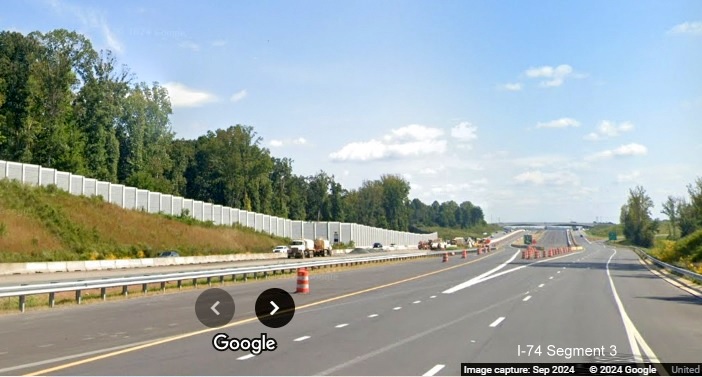 Image at split of lanes between NC 74 (Future I-74) East and US 52 South prior to NC 65 exit
        in Rural Hall, Google Maps Street View, September 2024