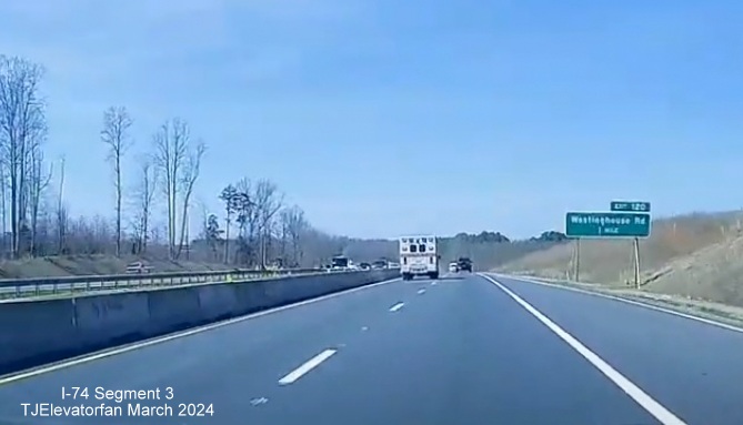 Dashcam video image of US 52 North 1 mile from the Westinghouse Road exit, video by 
        TJElevatorfan, posted March 16, 2024