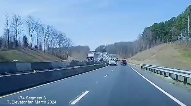 Dashcam video image of US 52 North 1/2 mile from the Westinghouse Road exit, video by 
        TJElevatorfan, posted March 16, 2024