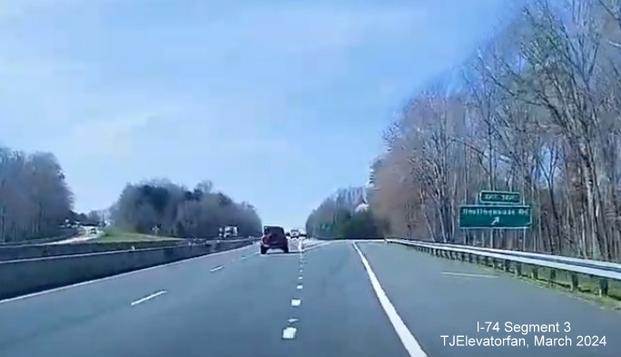 Dashcam video image of US 52 North at the Westinghouse Road exit, video by 
        TJElevatorfan, posted March 16, 2024