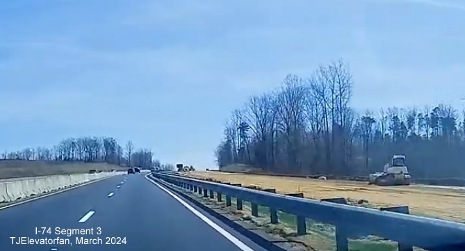 Dashcam video image of construction along US 52 South (Future I-74 East after the Westinghouse Road exit, video by 
        TJElevatorfan, posted March 16, 2024