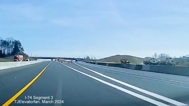 Dashcam video image of US 52 South at the ramp for NC 74 East/Winston-Salem Northern
        Beltway, video by TJElevatorfan, posted March 16, 2024