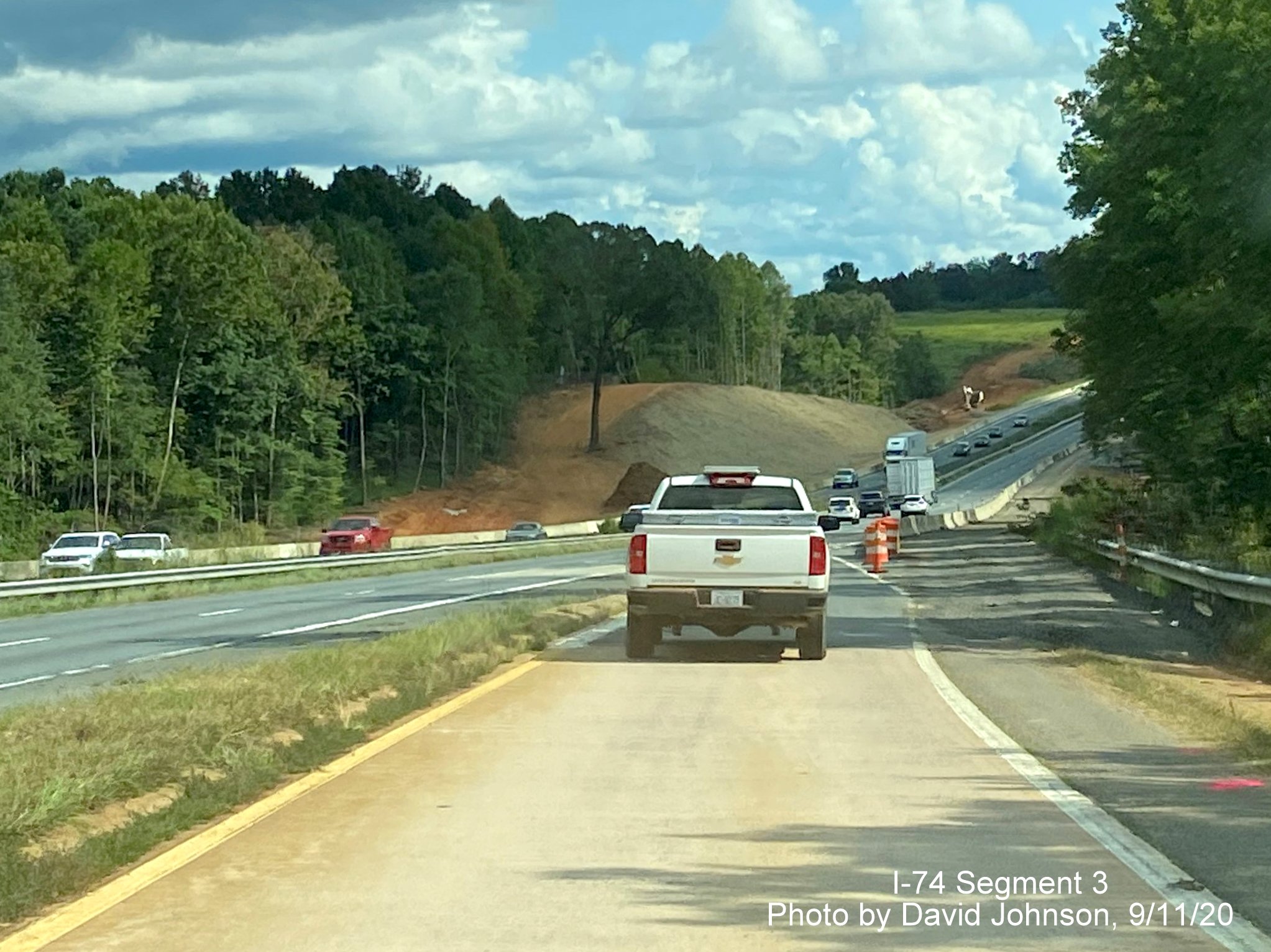 Image of widening work along US 52 South after Westinghouse Road exit as part of future I-74 Winston Salem Northern Beltway interchange construction, by David Johnson September 2020