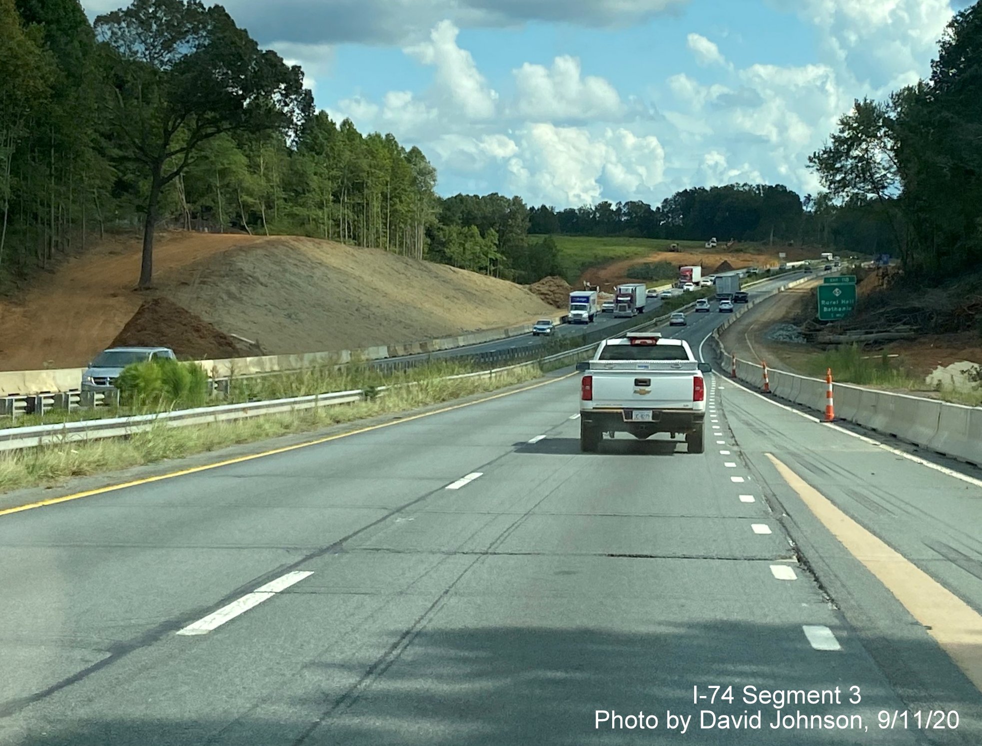Image of widening work along US 52 South after Westinghouse Road exit as part of future I-74 Winston Salem Northern Beltway interchange construction, by David Johnson September 2020