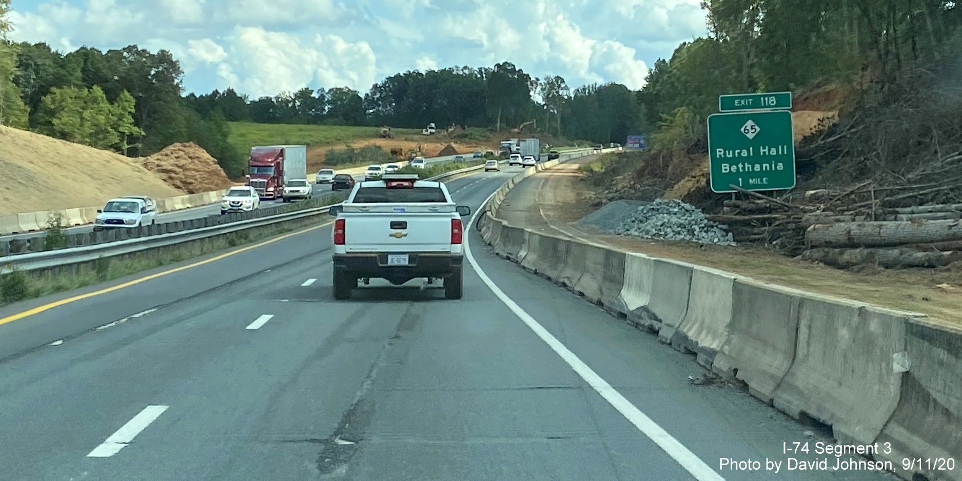 Image of widening work along US 52 South 1 mile before NC 65 exit as part of future I-74 Winston Salem Northern Beltway interchange construction, by David Johnson September 2020