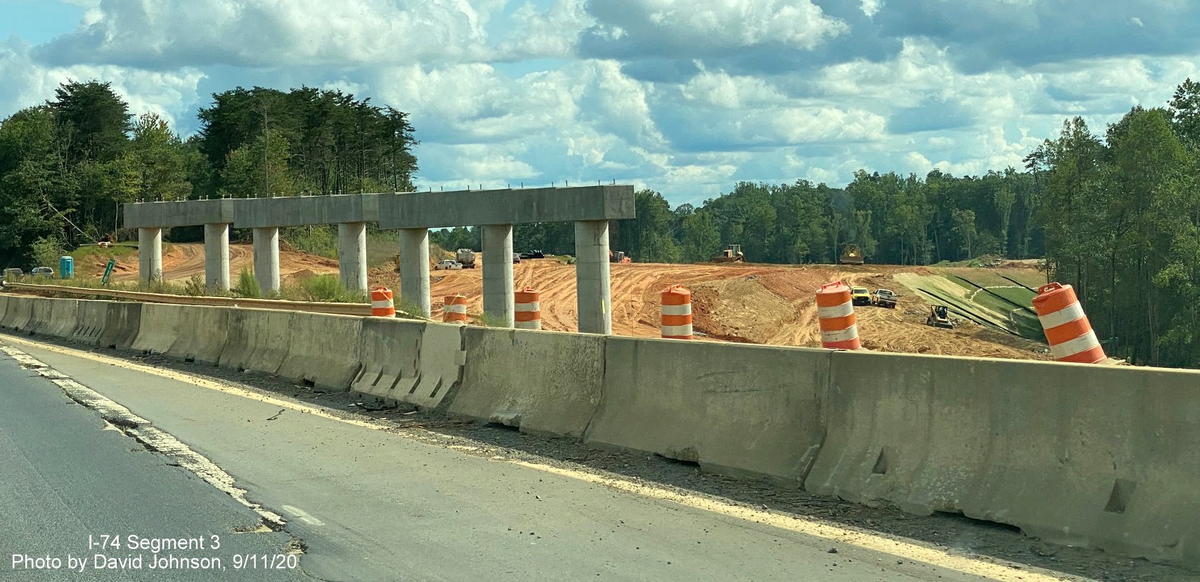 Image of bridge supports as seen from US 52 South as part of future I-74 Winston Salem Northern Beltway interchange construction, by David Johnson September 2020