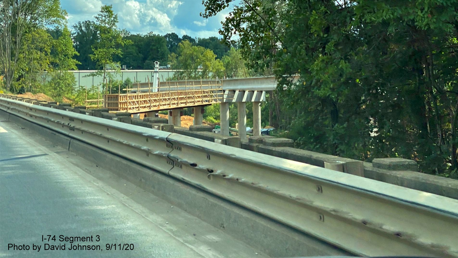 Image of future US 52 South bridge over railroad tracks being constructed, part of future I-74 Winston Salem Northern Beltway interchange construction, by David Johnson September 2020
