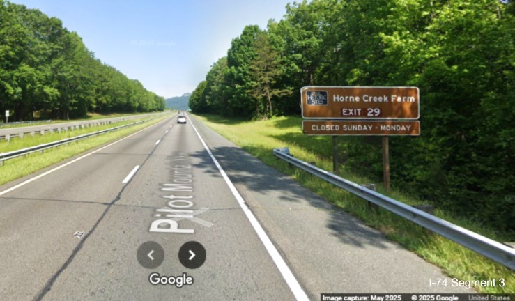 Image of revised new exit number auxiliary sign for the Pinnacle exit on 
	  US 52 North (Future I-74 West), Google Maps Street View