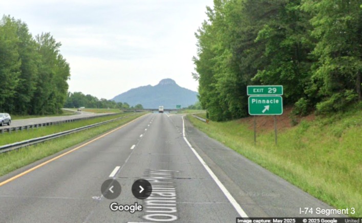 Image of revised exit sign with new I-74 milepost number for the Pinnacle exit on 
	  US 52 North (Future I-74 West), Google Maps Street View