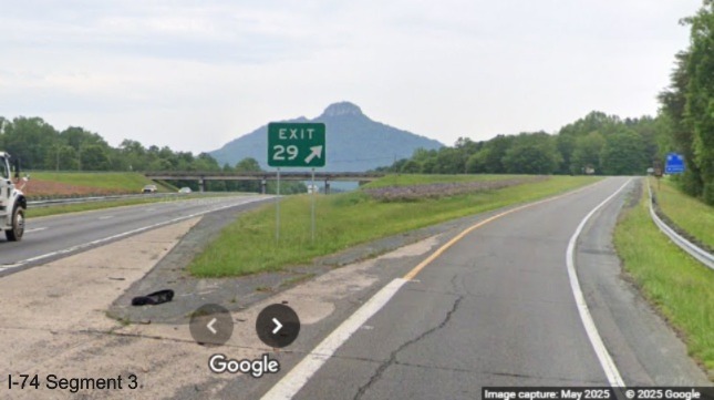 Image of revised gore sign for the Pinnacle exit on 
	  US 52 North (Future I-74 West), Google Maps Street View