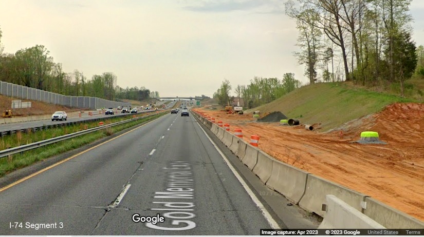 Image of widening work prior to the NC 65 exit in construction zone for future I-74/Winston-Salem 
        Beltway on US 52 South (Future I-74 East), Google Maps Street View, April 2023