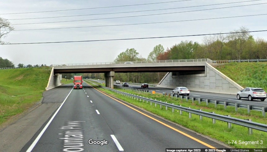 Image of completed modern standard bridge over US 52 in Stokes County, Google Maps Street View 
        images, April 2023