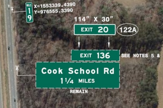 Image of plan for new exit number tab with I-74 milepost number to be placed on sign for 
        Cook School Road exit on US 52 South in Surry County, NCDOT August 2022