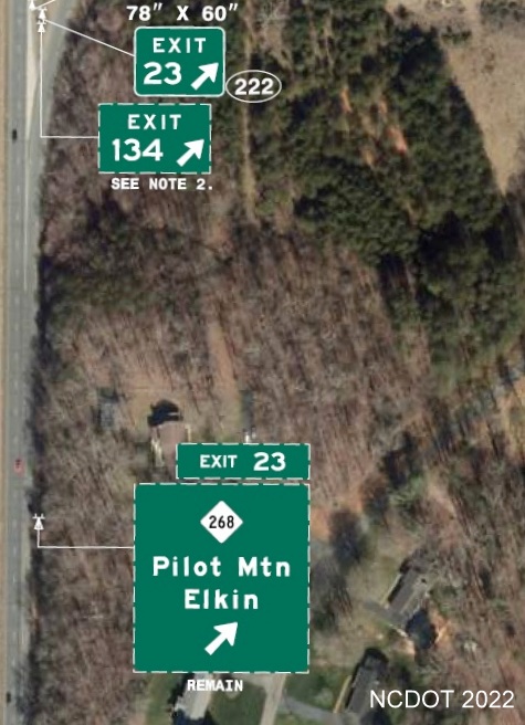 Image of plan for new exit number tab with I-74 milepost number to be placed on sign for 
        NC 268 exit on US 52 in Surry County, NCDOT August 2022