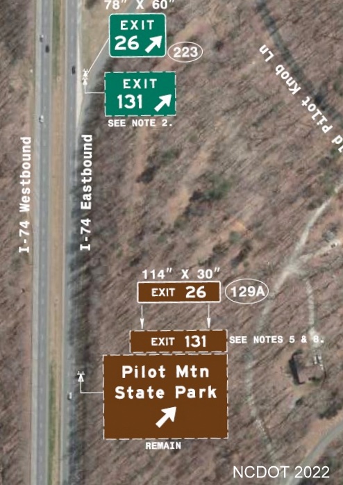 Image of plan for new Left exit number tab with I-74 milepost number to be placed on sign for 
        Pilot Mountain State Park on US 52 South in Surry County, NCDOT August 2022