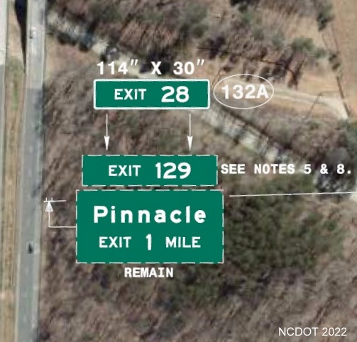 Image of plan for new exit number tab with I-74 milepost number to be placed on sign for 
        the Pinnacle exit on US 52 in Stokes County, NCDOT August 2022