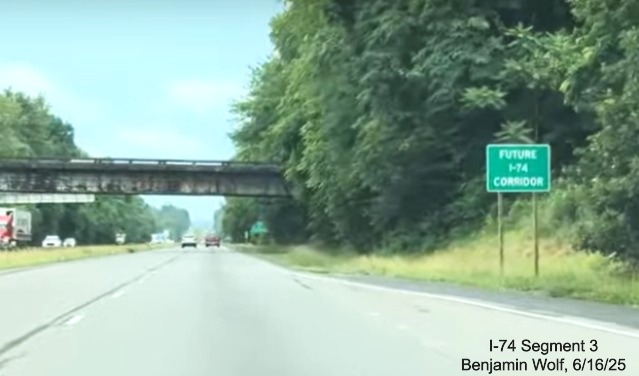 Image of new text Future I-74 Corridor sign after the US 52 exit in Mt. Airy on 
	  US 52 South (Future I-74 East), screen grab from Benjamin Wolf video, June 2025