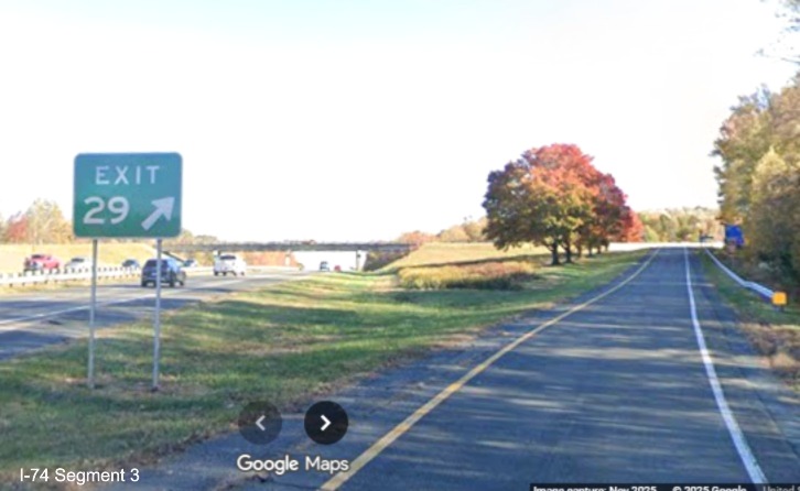 Image of renumbered gore sign for the Pinnacle exit on US 52 South
	  (Future I-74 East), Google Maps Street View, November 2025