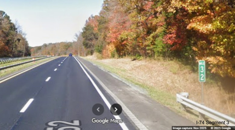 Image of Mile Marker 32 in repaved area on US 52 North (Future I-74 West) in
	  Stokes County, Google Maps Street View, November 2025