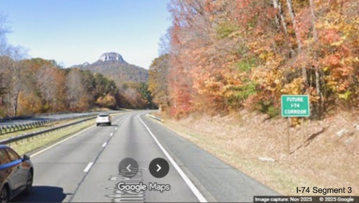 Image of Surry County Future I-74 Corridor sign  on US 52 North (Future I-74 
	  West), Google Maps Street View, November 2025