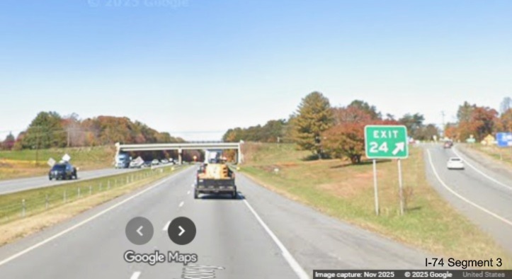 Image of renumbered gore sign for the NC 268 exit on US 52 North (Future I-74 
	  West), Google Maps Street View, November 2025