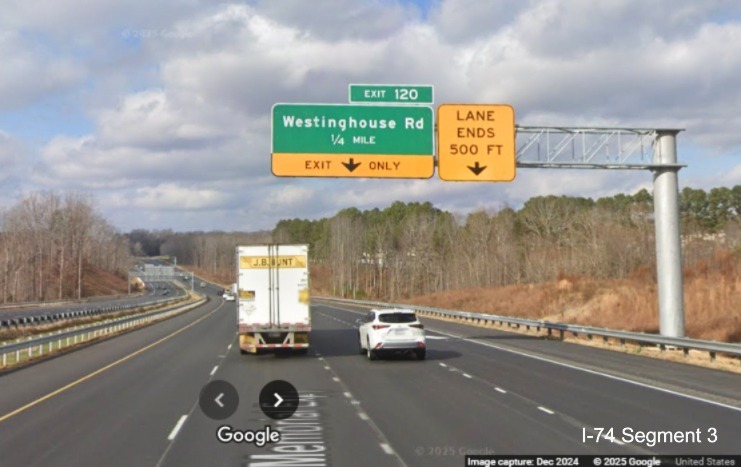 Image of newly placed 1/4 Mile advance overhead sign for Westinghouse Road exit on 
	  US 52 North (Future I-74 West) in Rural Hall, Google Maps Street View image, December 2024