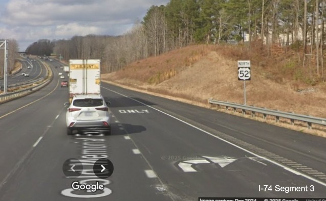 Image of newly placed North US 52 reassurance marker after NC 65 exit on-ramp
	  on Future I-74 West in Rural Hall, Google Maps Street View image, December 2024