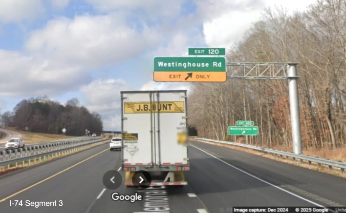 Image of recently placed overhead ramp sign for Westinghouse Road exit on 
	  US 52 North (Future I-74 West) in Rural Hall, Google Maps Street View image, December 2024