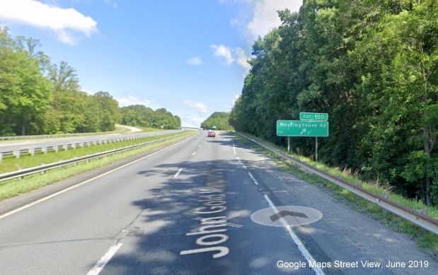 Google Maps Street View image of ramp sign for Westinghouse Road exit on US 52 
       North/Future I-74 West, taken in June 2019