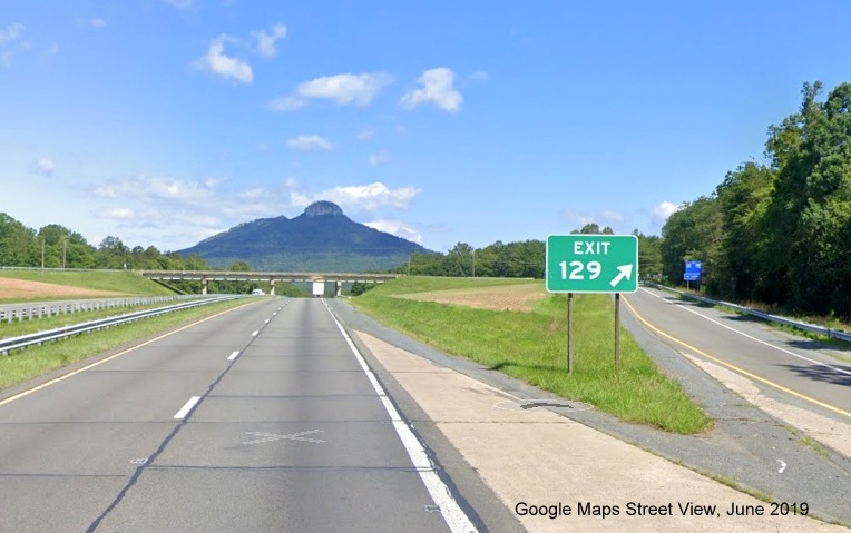 Google Maps Street View image of gore sign for Pinnacle exit on US 52 North/Future I-74 
        West, taken in June 2019