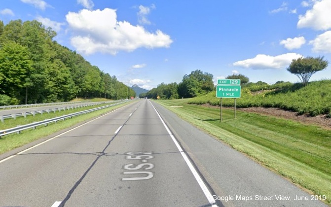 Google Maps Street View image of 1-mile advance sign for Pinnacle exit on US 52 North/
        Future I-74 West, taken in June 2019