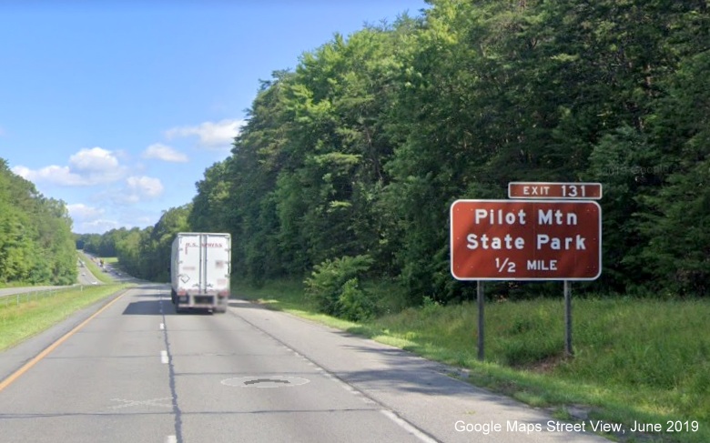 Google Maps Street View image of 1/2 mile advance sign for Pilot Mountain State Park on US 
        52 North/Future I-74 West in Pilot Mountain, taken in June 2019