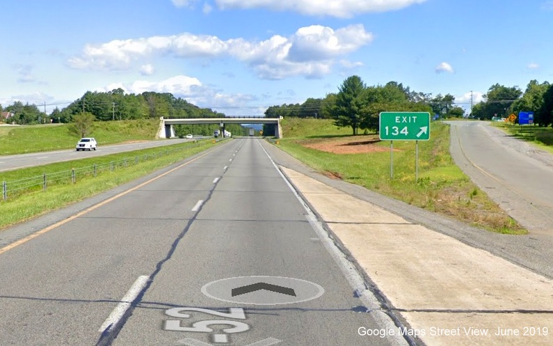 Google Maps Street View image of gore sign for NC 268 exit on US 52 North/Future I-74 
        West in Pilot Mountain, taken in June 2019