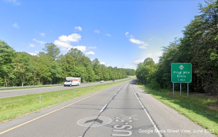 Google Maps Street View image of 1-mile advance sign for NC 268 exit without exit number tab 
        on NC 52 North/Future I-74 West in Pilot Mountain, taken in June 2019