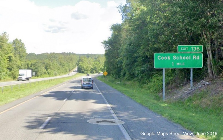 Google Maps Street View image of 1-mile advance sign for Cook School Road on US 52 
        North/Future I-74 West in Pilot Mountain, taken in June 2019