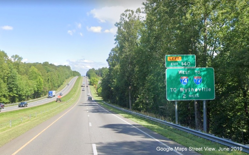 Google Maps Street View image of 2-miles advance sign for I-74 West exit on US 52 
        North/Future I-74 West in Mount Airy, taken in June 2019