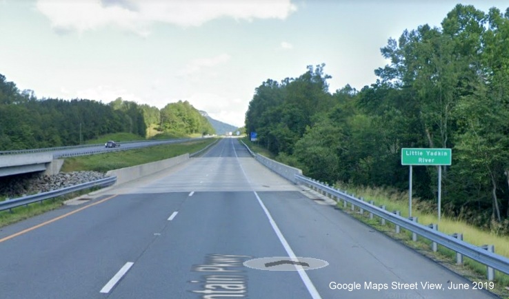 Google Maps Street View image of new bridges over the Little Yadkin River built to 
        Interstate Standards on US 52/Future I-74 in Pinnacle, from June 2019