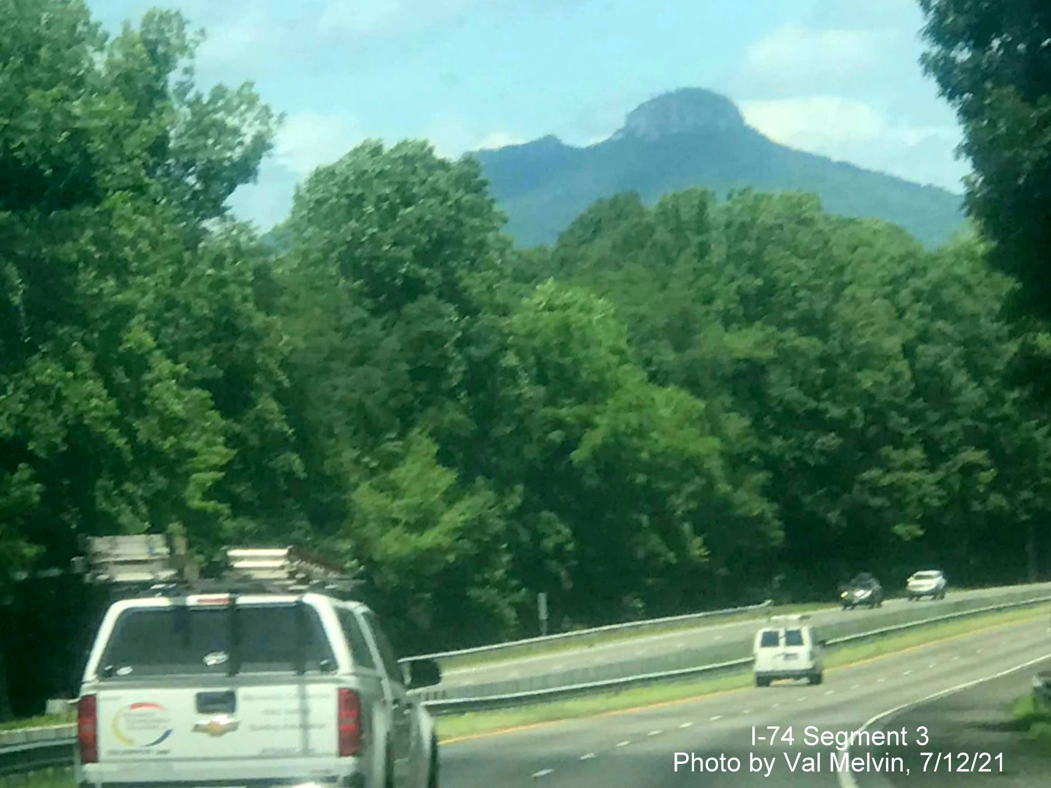 Image of Pilot Mountain as seen from US 52 North (Future I-74 West) in Stokes County, by Val Melvin, July 2021