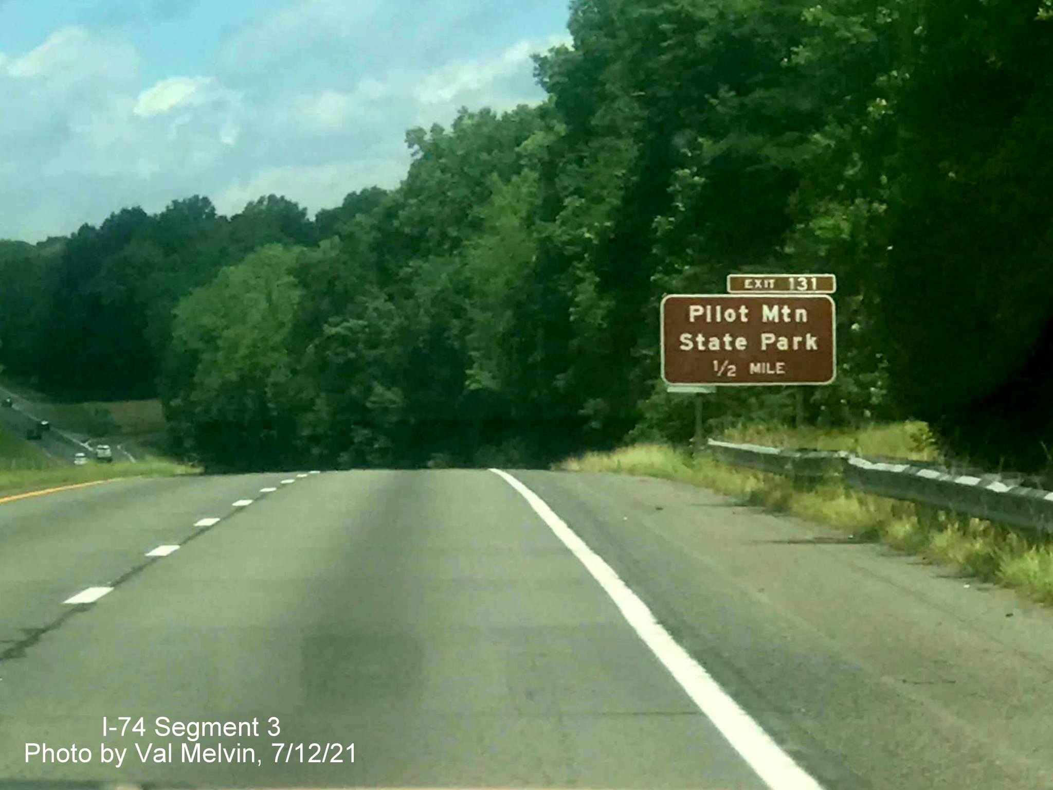Image of 1/2 Mile advance sign for Pilot Mountain State Park exit on US 52 North (Future I-74 West) in Surry County, by Val Melvin, July 2021